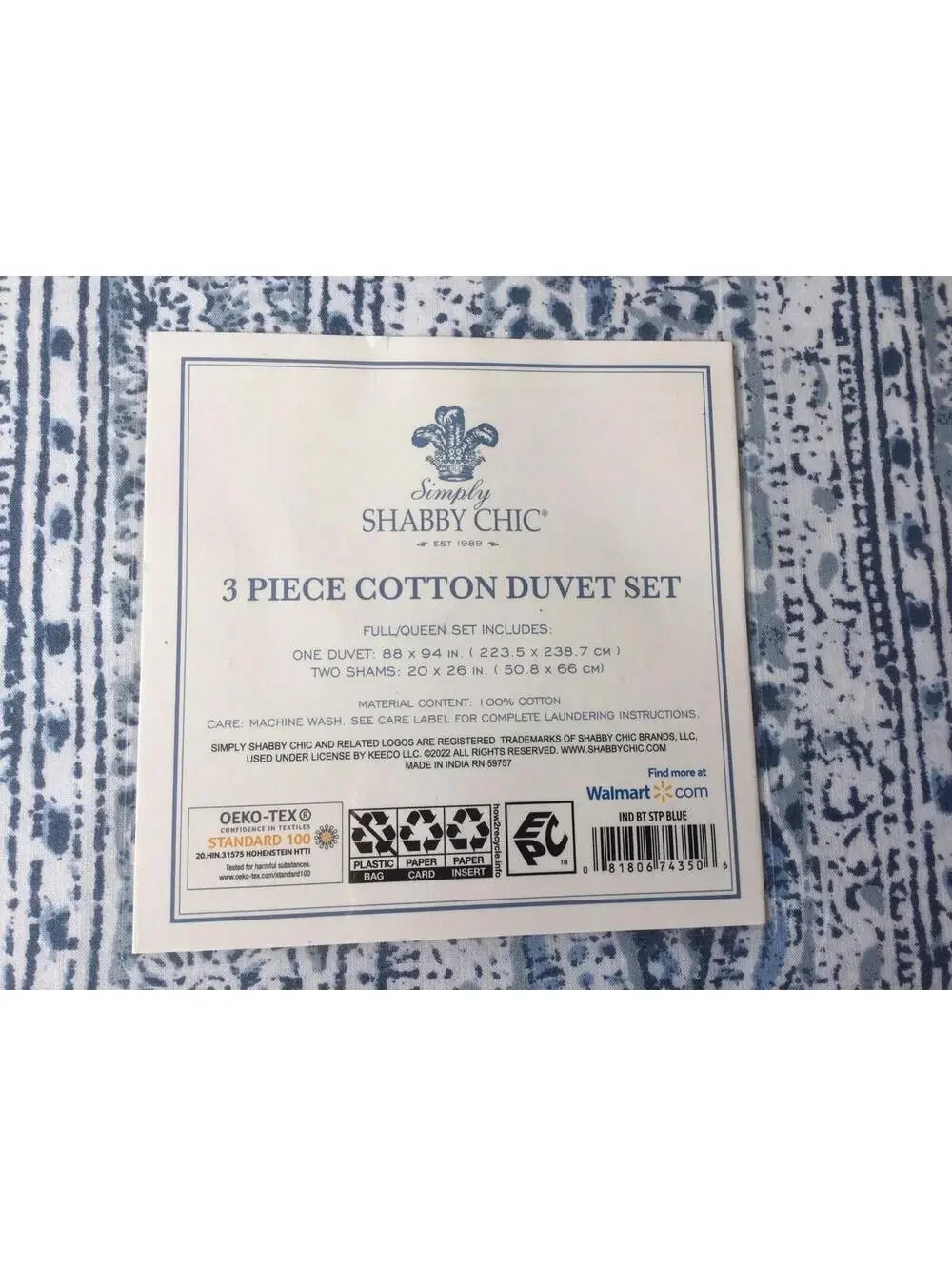 Simply Shabby Chic Duvet 3 Piece Set  Full Queen Easy Care Indigo Batic Stripe